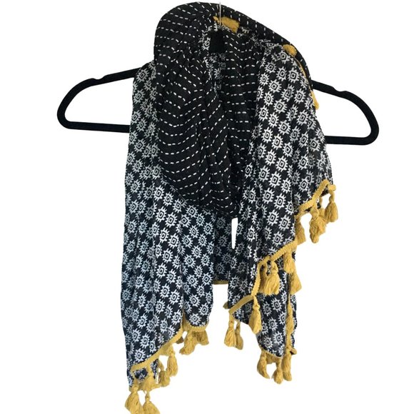 Black White Geometric Striped Yellow Tasseled Wide Long Scarf Wrap Cover Up - Picture 10 of 16